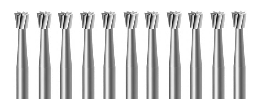 11-Piece Inverted Cone Bur Set made of durable Swiss Vanadium steel with 44.5 mm length and 3/32" shank for precision finishing and quick-change compatibility