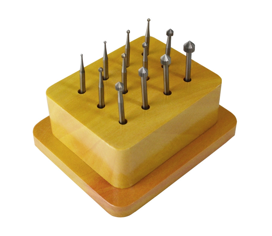 12-piece setting rotary bur set with wooden stand for precision shaping and finishing tasks