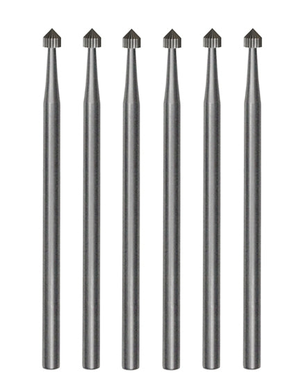 Set of six 1.00 mm setting burs made from durable Swiss-milled Vanadium steel for precise dental work.