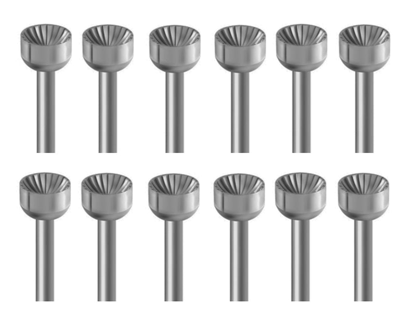 12-Piece Cup Bur Set made of Swiss-milled Vanadium steel, 44.5mm length with 3/32" shanks for dental precision and durability