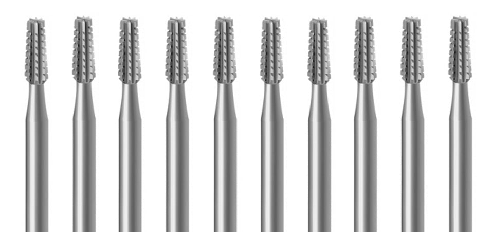 10-piece assorted cross-cut cone burr set made of durable Swiss-milled Vanadium steel with 44.5mm length and 3/32" shanks for quick-change handpieces