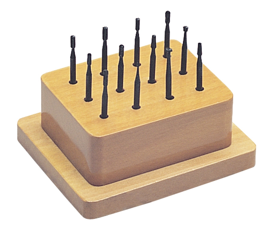 12-piece Swiss-made wax bur set with tungsten vanadium steel burs and wooden stand