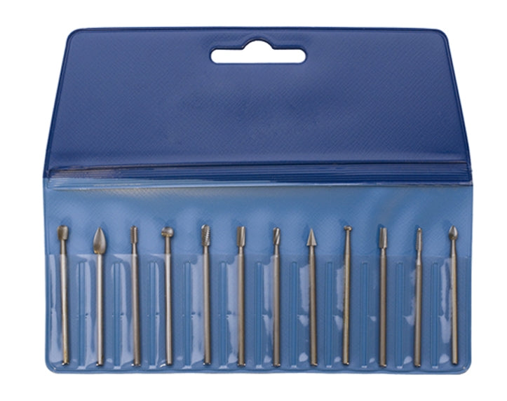 12-piece wax wood and plastic carving bur set with tungsten vanadium no-clog flutes in blue case