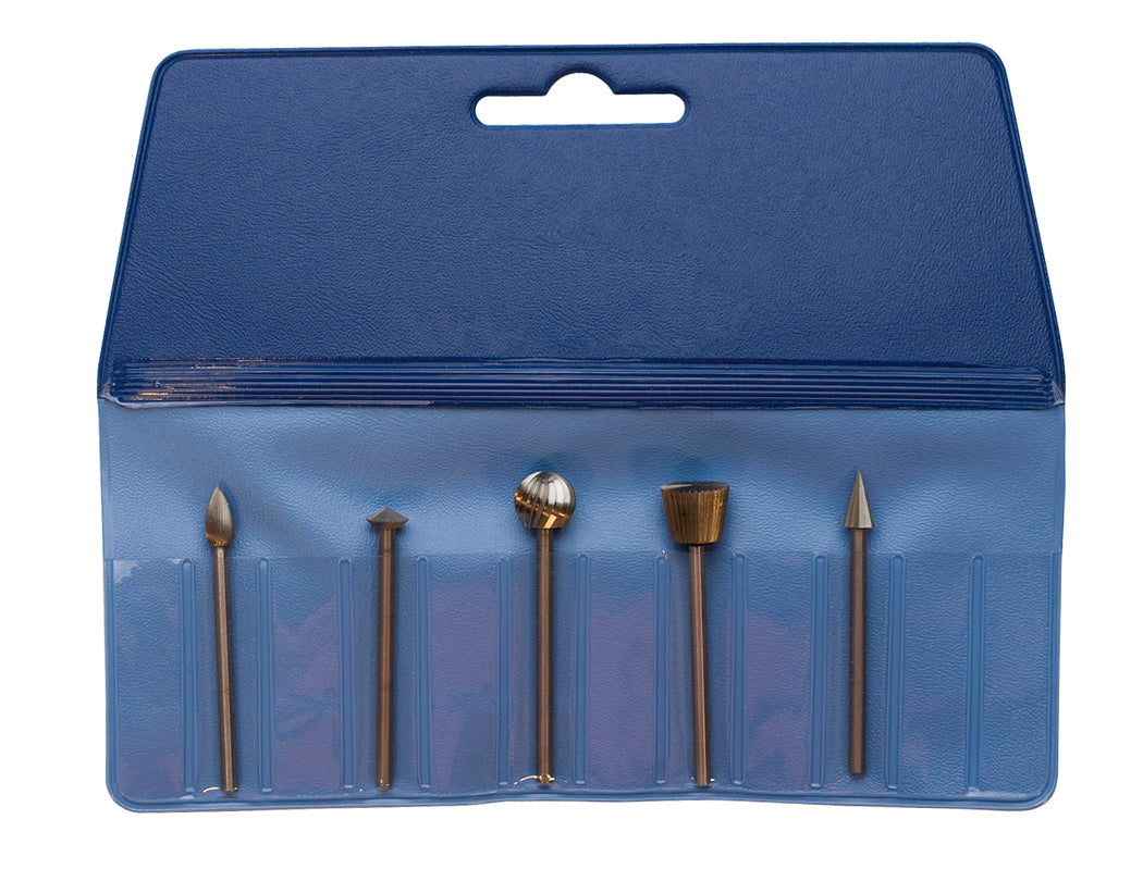 5-piece large Swiss bur set in blue case for woodworking and plastic routing with tungsten vanadium construction