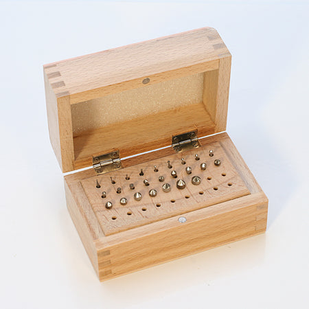 Open wooden box with 25-piece HSS burs set for precision shaping and detailing