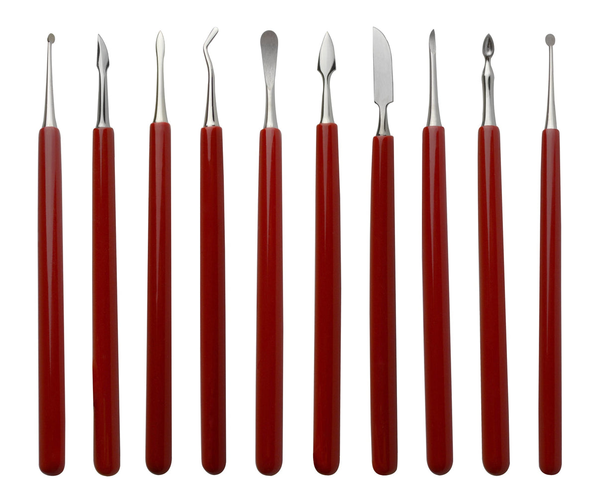Set of 10 soft-grip wax carvers with durable steel blades and ergonomic red handles for precise sculpting and detailing
