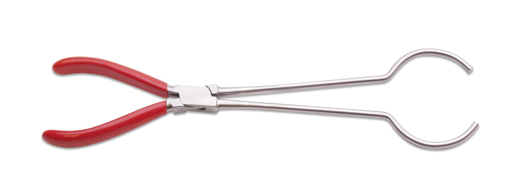 13-inch stainless steel crucible holding plier with red PVC handles for safe molten metal handling