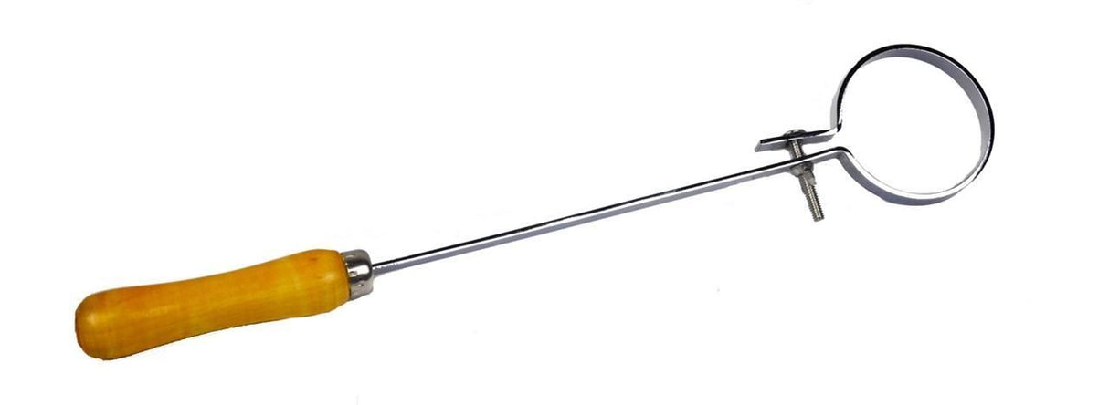 Stainless steel crucible holder with wooden handle for heat-resistant secure grip in lab use