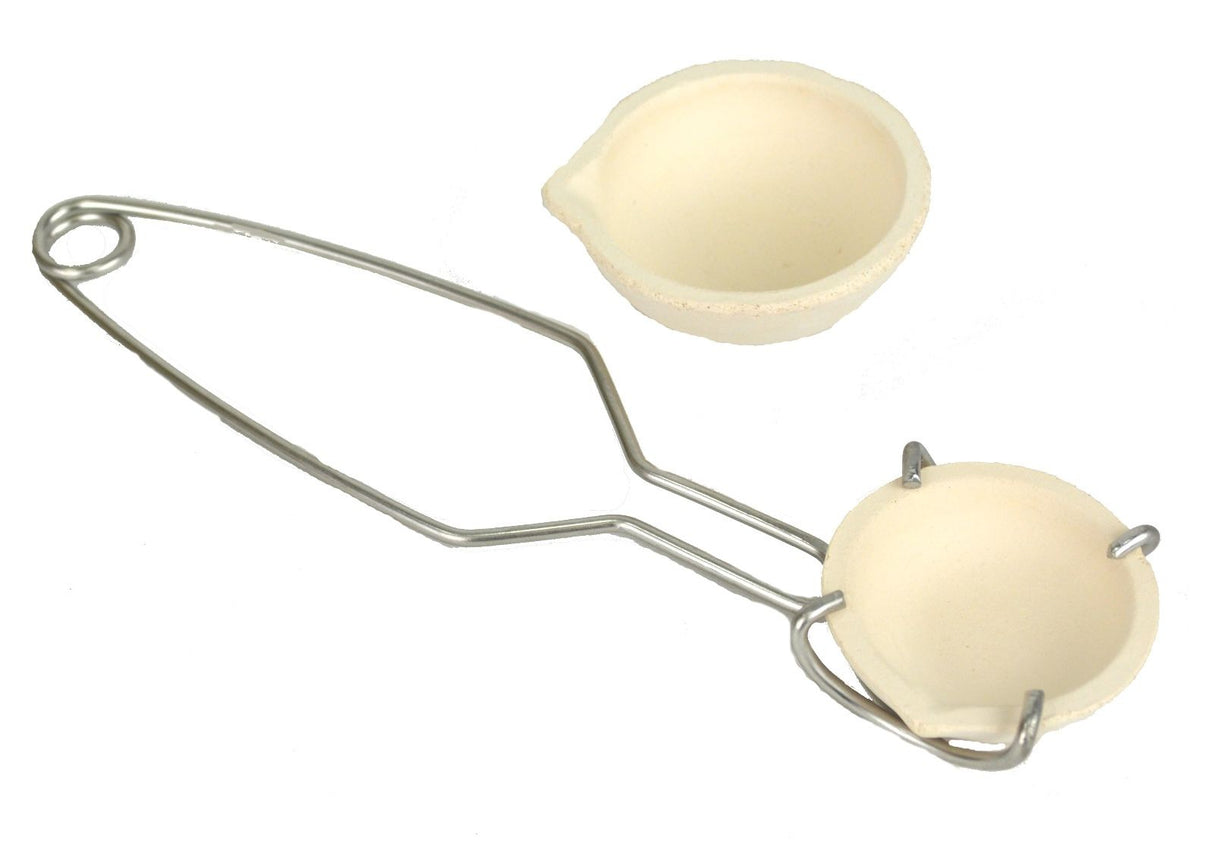 Small WHIP stainless steel tool holding two small white crucibles for melting and blending tasks