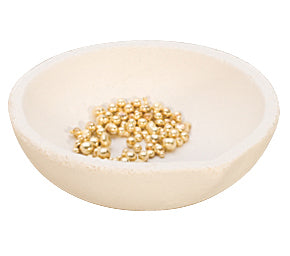 3-inch fused silica ceramic melting dish with gold pellets for high-temp metalwork up to 2800°F