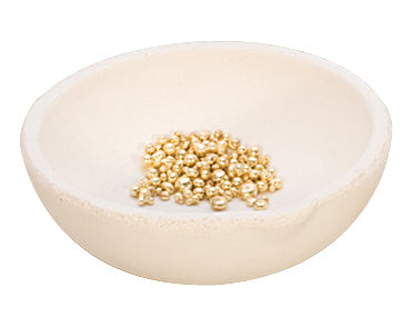 5-1/2 inch ceramic melting dish with gold pellets for high-temperature metalwork