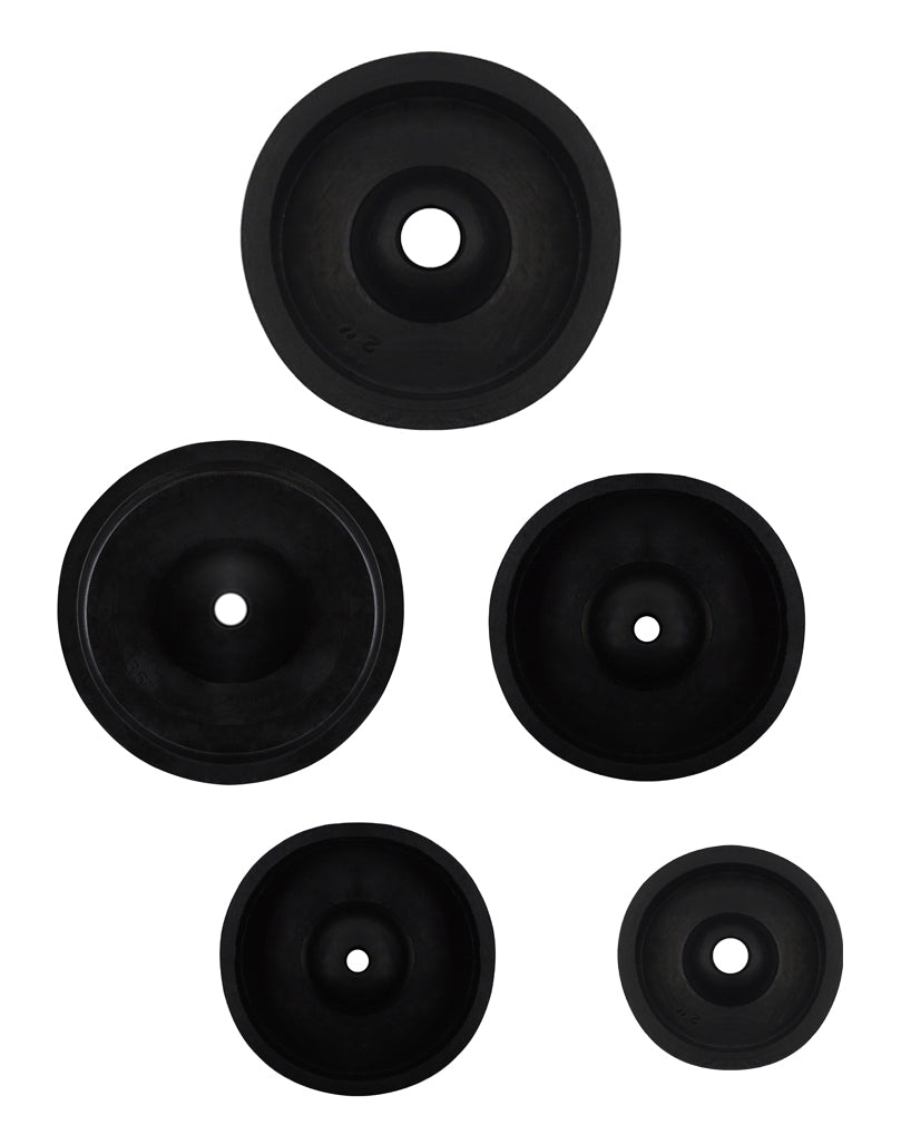 Set of 5 black rubber sprue bases for casting, compatible with 5/16" to 3/8" trees, leak-proof and durable C style rubber sprue bases.