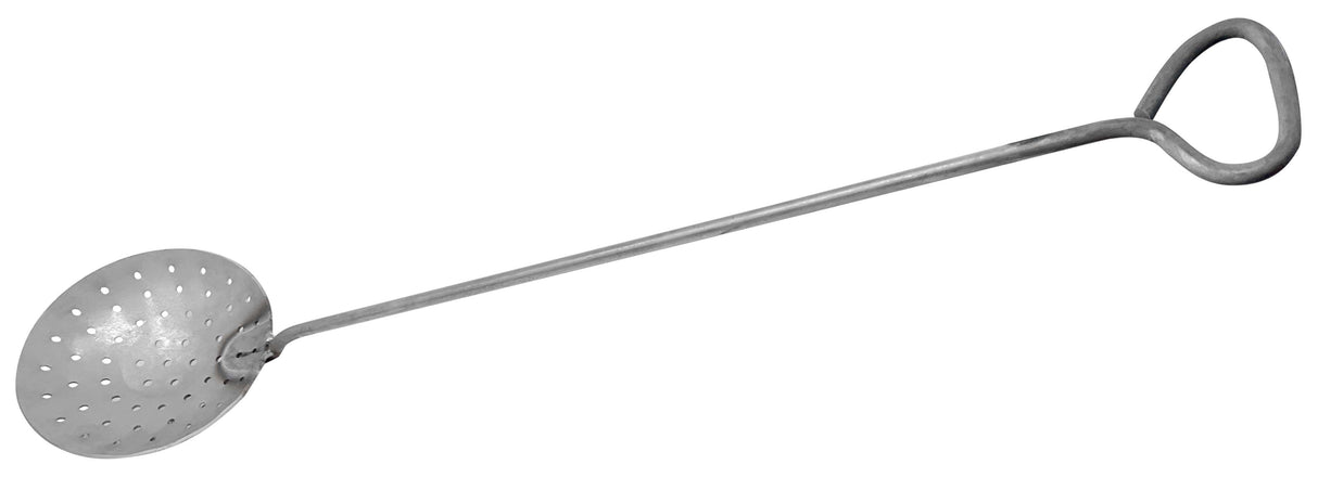 8-inch carbon steel deep dish skimmer with perforated holes and steel handle for heavy-duty skimming tasks