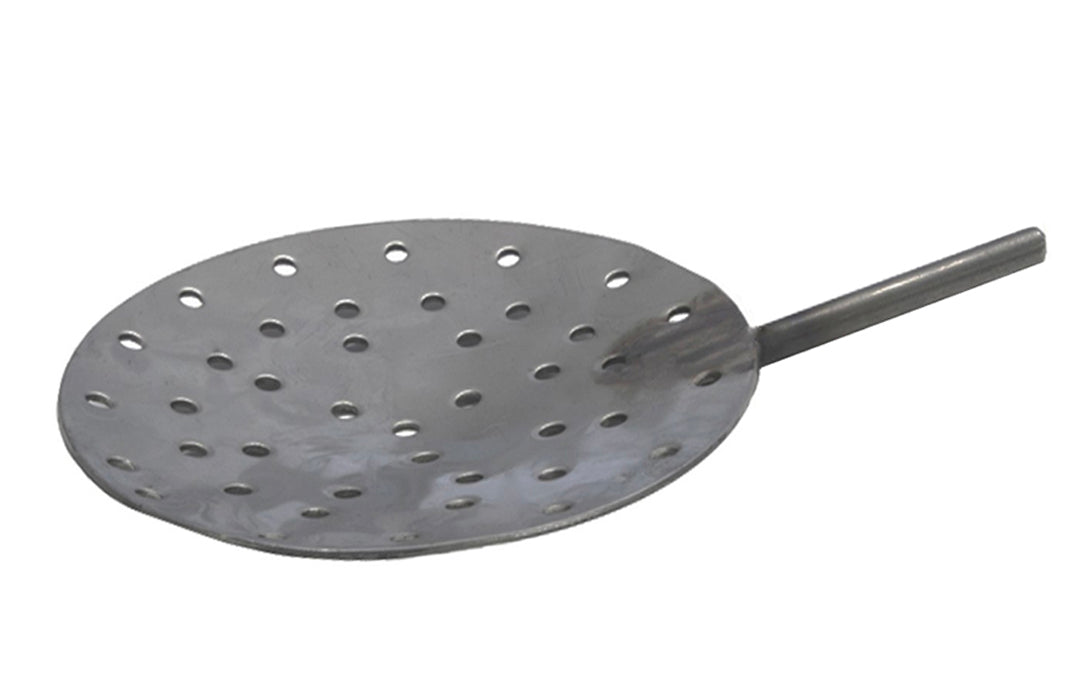 10-inch diameter stainless steel shallow dish skimmer with holes for molten metal skimming