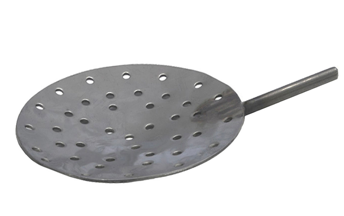 12-inch diameter stainless steel shallow dish skimmer with holes and handle for scooping molten materials