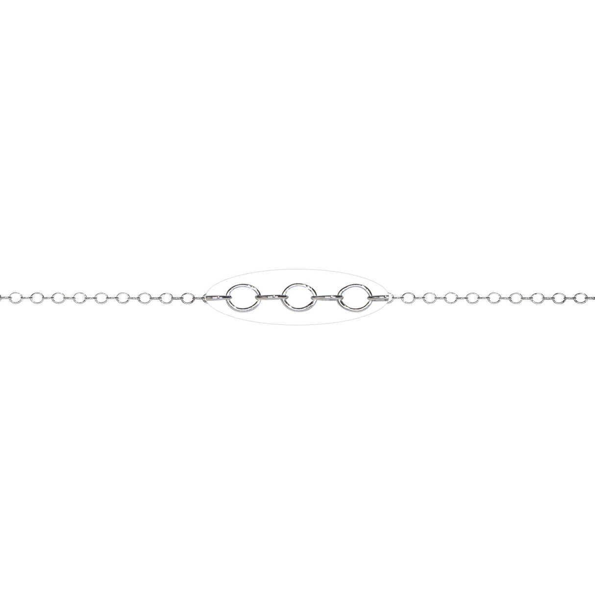 Close-up of 1.3 mm sterling silver open cable chain showcasing smooth, bright links per inch for jewelry making