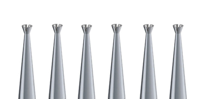 Pack of 6 Fox FCC Champion Cup 1.20 mm tungsten dental burs with patented slotted design for precise finishing