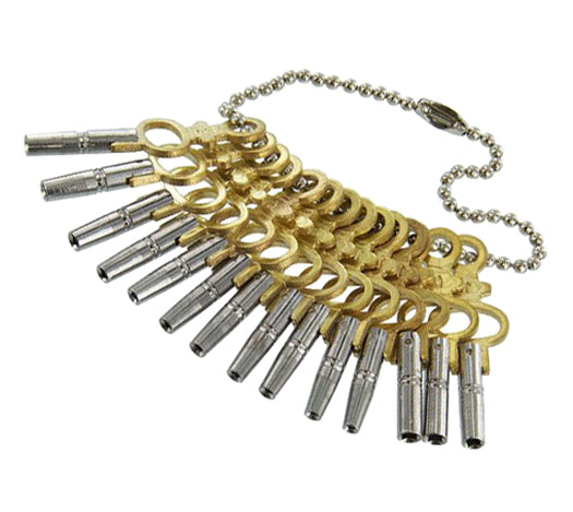 Set of 14 pocket watch winding keys with brass ends and steel shanks for watch repair and maintenance