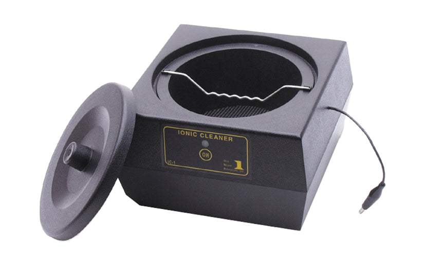 Compact black ionic cleaning machine for delicate jewelry with lid and wire basket
