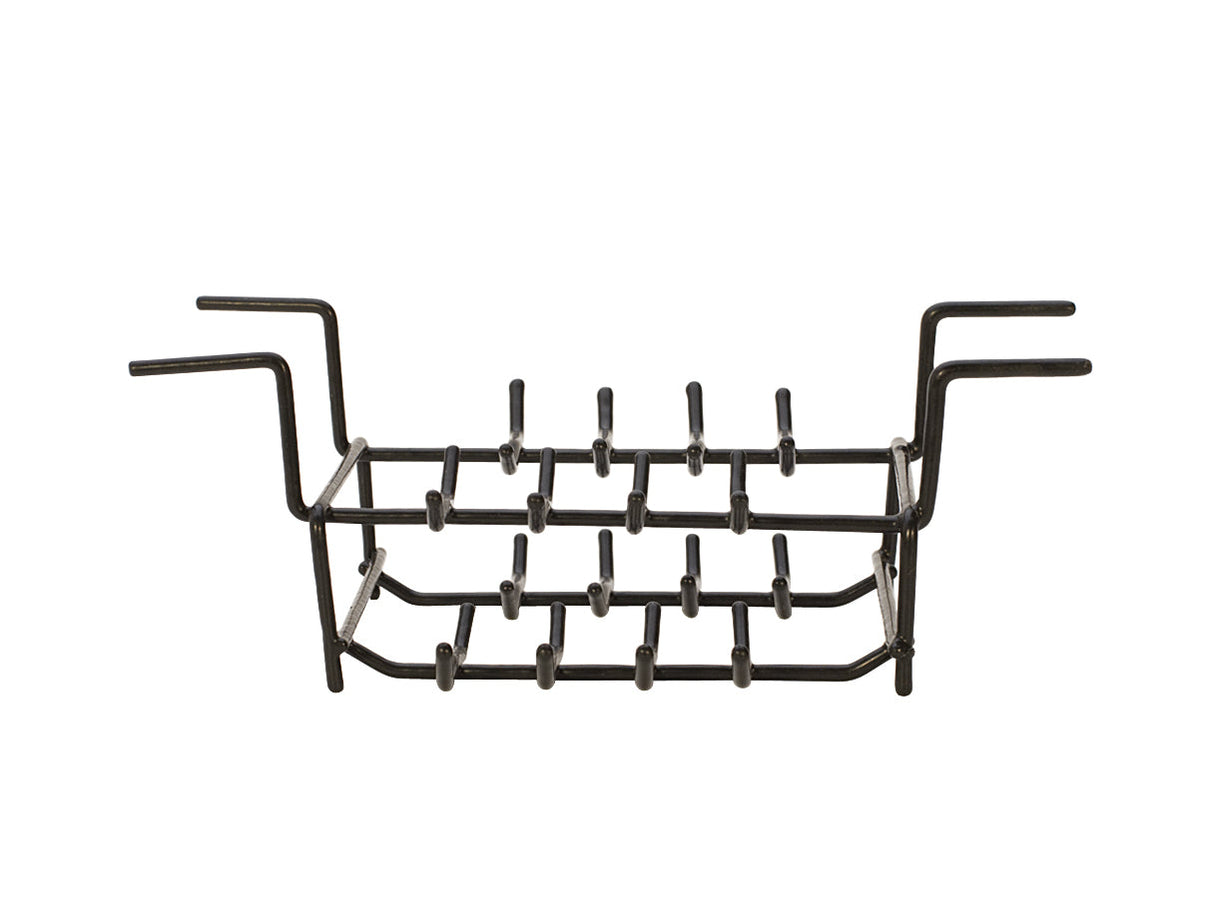 Hanging cleaning rack with 32-ring capacity, heavy PVC coating, and double-sided arms for ultrasonic cleaning baths.