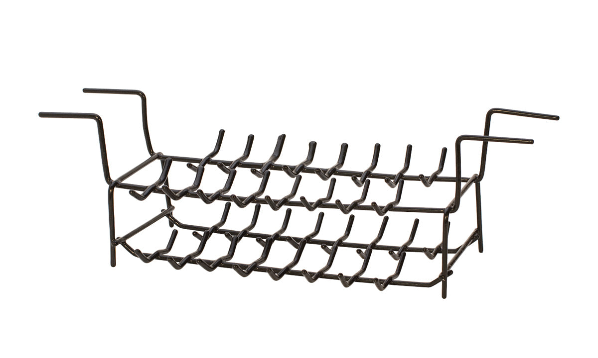 black hanging cleaning rack with 64-ring capacity and double-sided arms for ultrasonic cleaning tanks