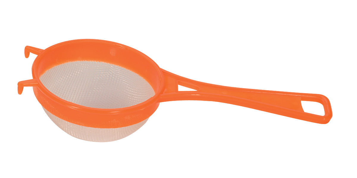 Small 2-1/4" ultrasonic steamer strainer with orange plastic frame and nylon mesh for jewelry cleaning