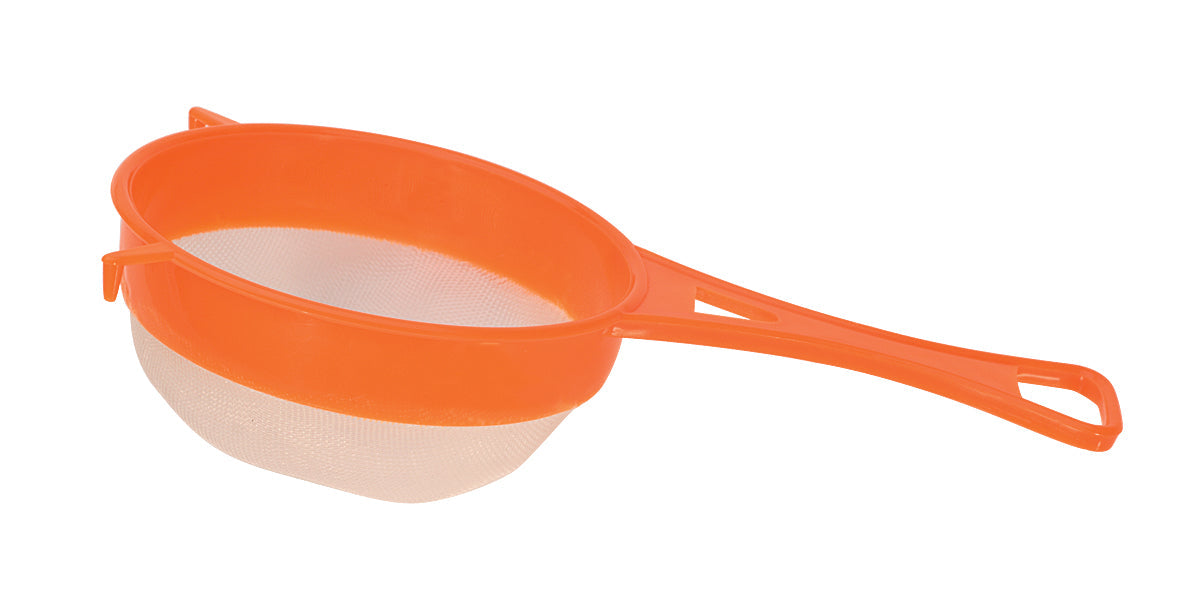 Large 4" ultrasonic steamer strainer with orange plastic frame and nylon mesh for jewelry cleaning and steaming tasks