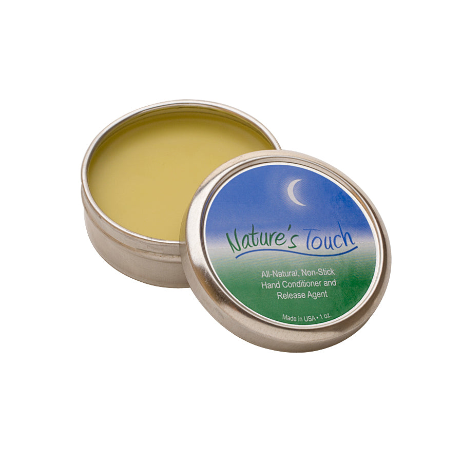 Nature's Touch Balm for metal clay work in a small tin with lid, non-greasy hand conditioner and release agent