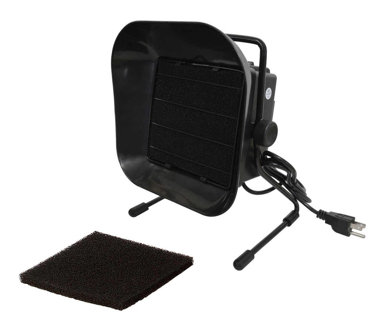 Compact black fume extractor fan with removable filter for soldering smoke removal and air purification.