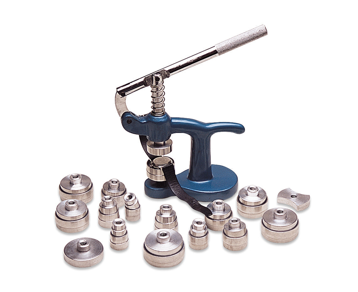 Watch Case Closer Set with blue handle press and 14 reversible aluminum dies in various sizes for watch repair and case closing