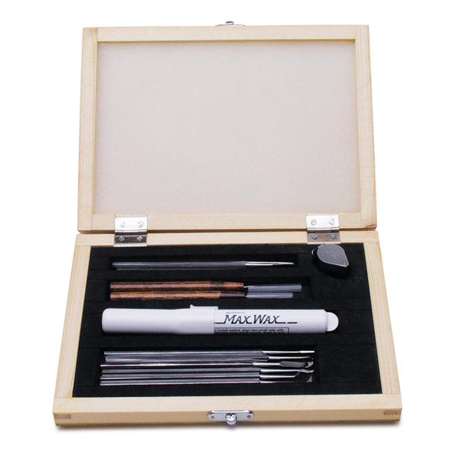 Deluxe carving set with wooden box including precision wax modeling tools and ergonomic handles for detailed sculpting
