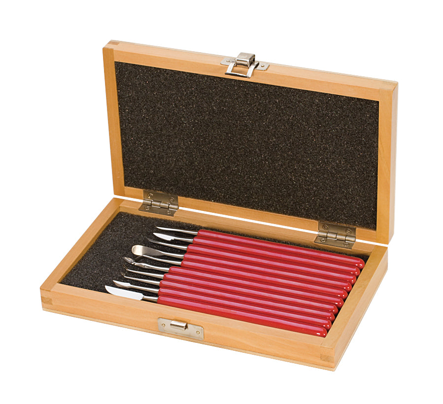 Deluxe 10 Piece Wax Carving Set with red handles in wooden case for precise sculpting and carving.