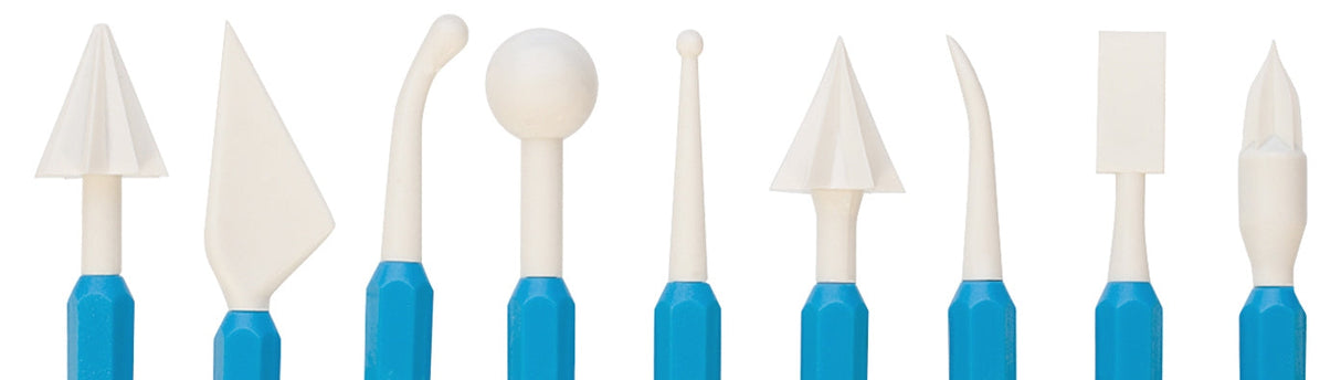 Set of 9 Precious Metal Clay Carving pro-design shapers with ergonomic blue handles and various white sculpting tips for detailed clay artistry