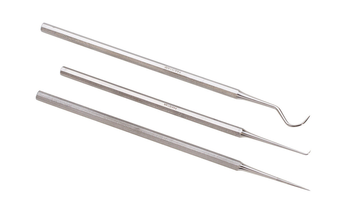 3 Piece Carver/Pick Set stainless steel tools with ergonomic knurled handles for precise scribing, carving, and probing in metalworking and crafts