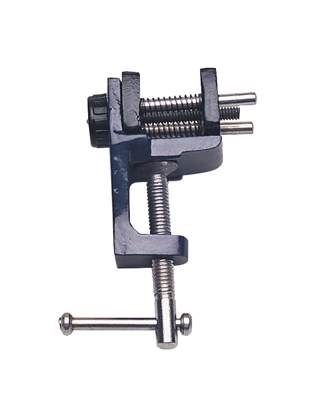 Metal watch case holder with vise clamp for secure bench mounting and repair stability