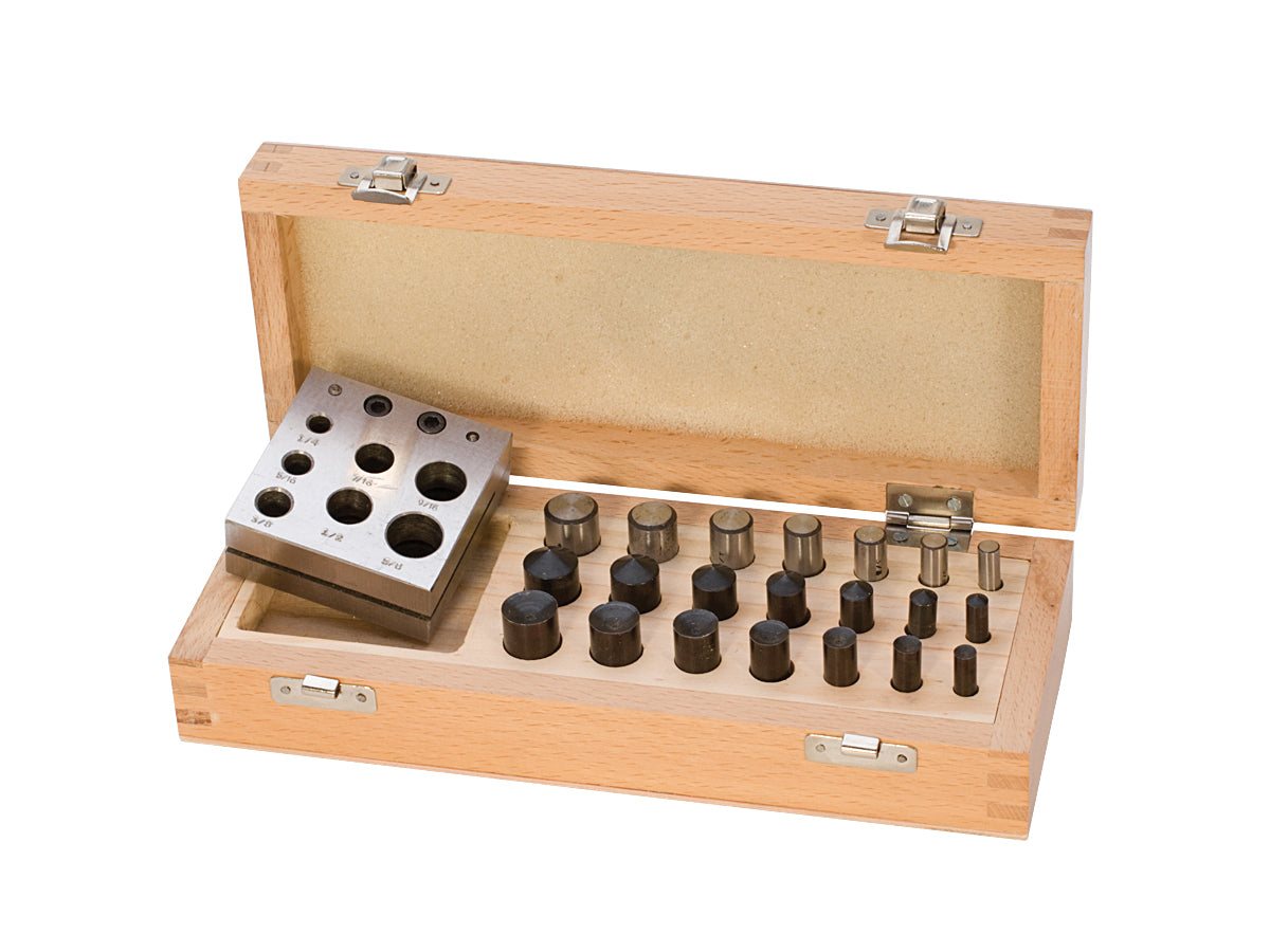 Disc Cutter Set in wooden box with 21 metal flat, concave, and convex shaping tools for crafting precision cuts in clay, resin, and paper projects