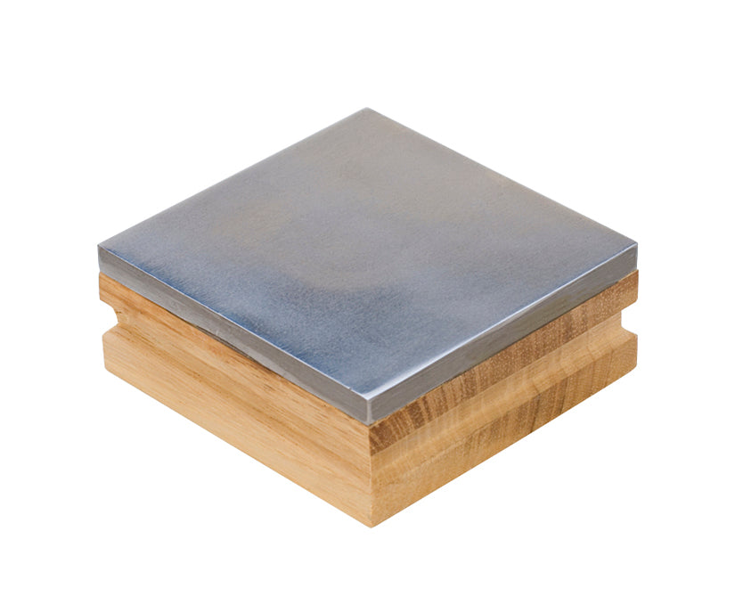 3 inch steel bench block with polished steel top and wooden base for metalworking and jewelry-making