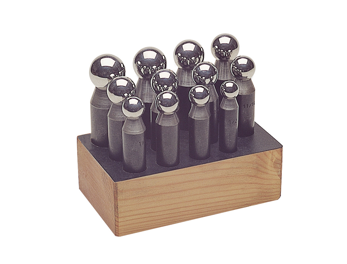 12 Piece Dapping Punch Set with anodized steel punches and wooden stand for metal shaping and jewelry making sizes 1/2 to 1 inch