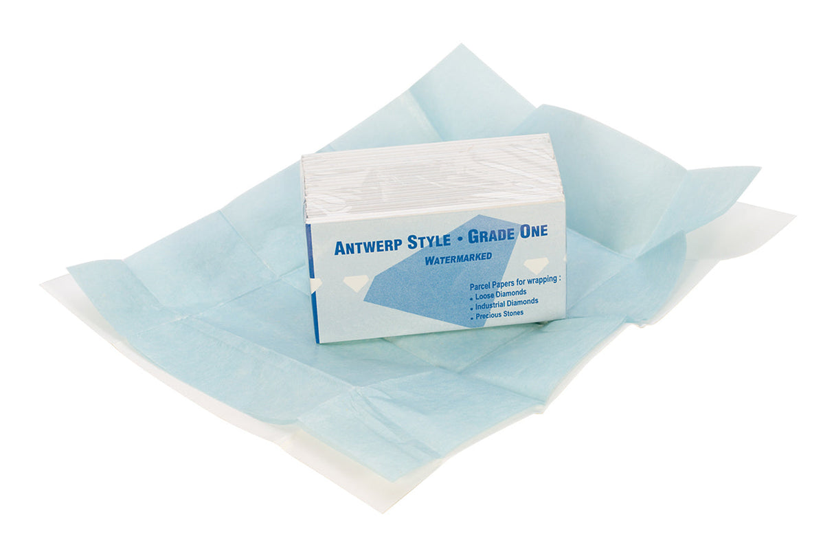 Pack of 100 Antwerp-style blue diamond papers with watermark for protecting and presenting precious stones