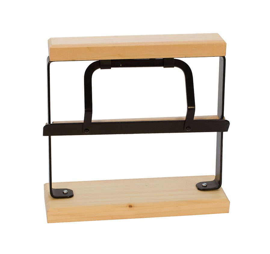 Tissue cutter with wooden base and metal frame for precise gift wrap cutting