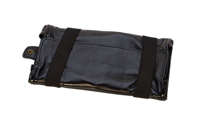 Black leather Diamond Wallet with elastic bands and reinforced grommet laid flat