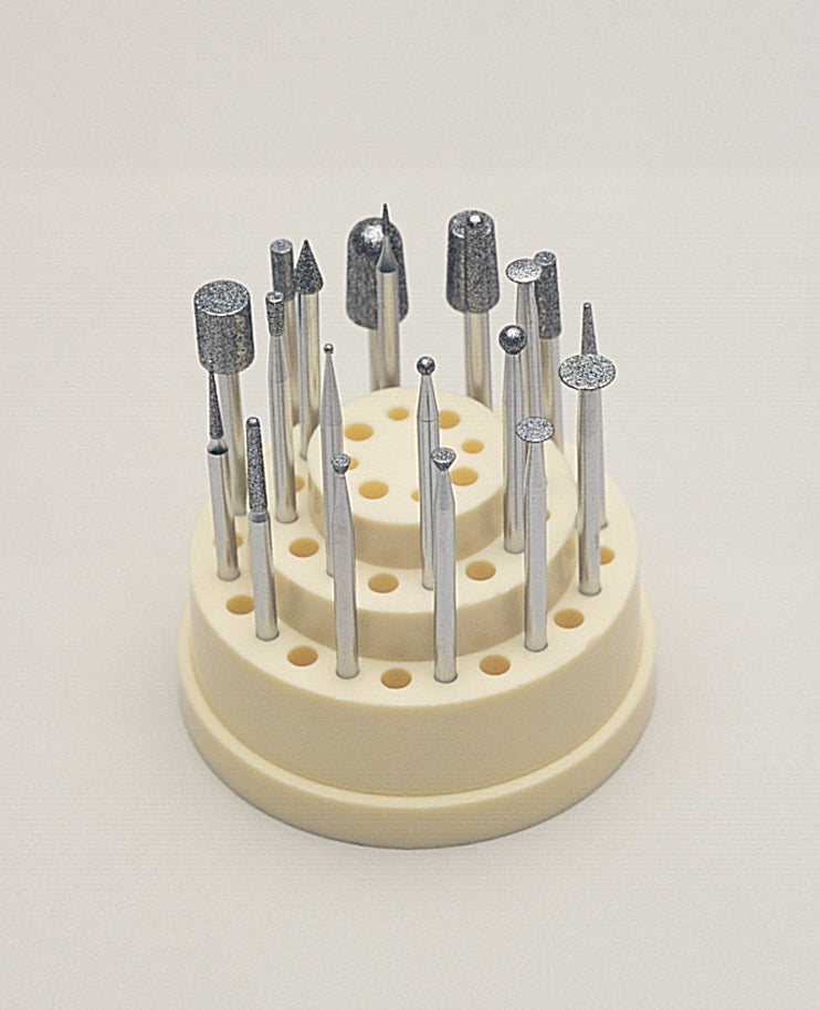 20 Piece Master Diamond Set with versatile pointed shapes in compact plastic stand with domed lid for professional precision work