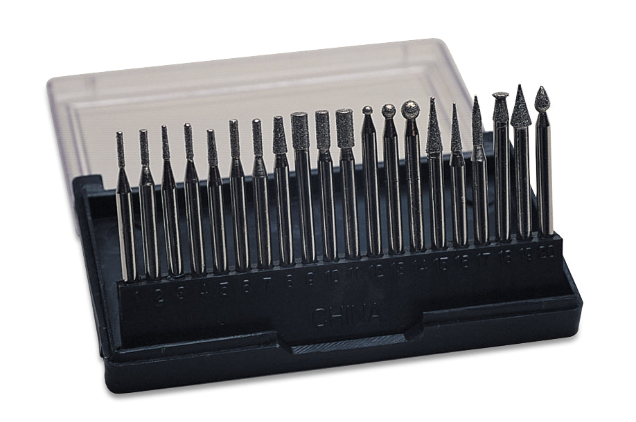 20 piece diamond bit set with 1/8 inch shank in black plastic case for rotary tools