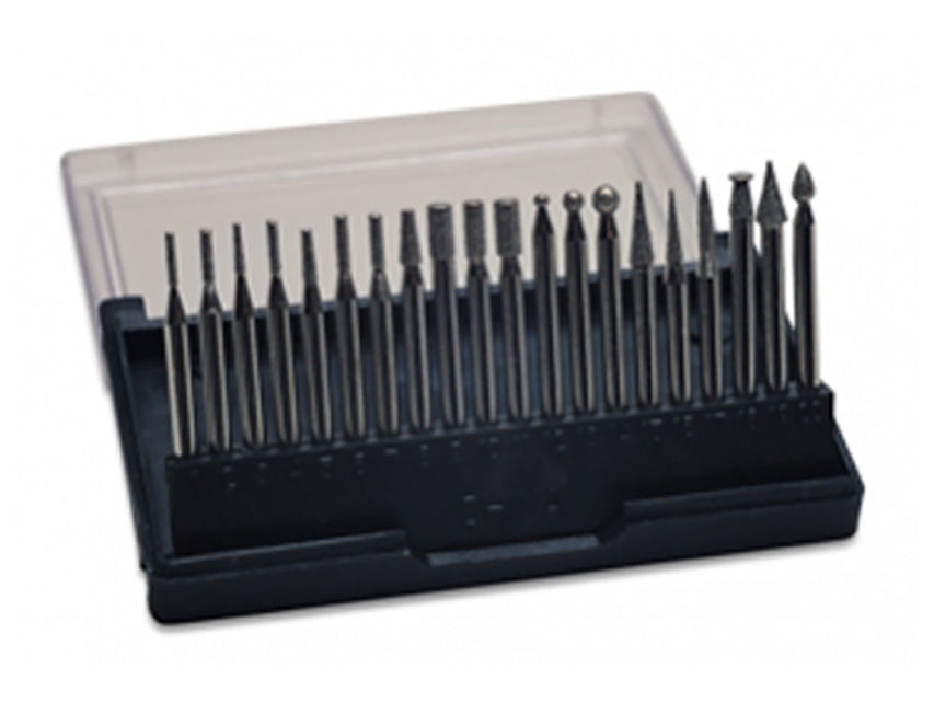 20-piece diamond bit set with 3/32" shank in a black plastic organizer for ceramic, glass, and stone detailing.