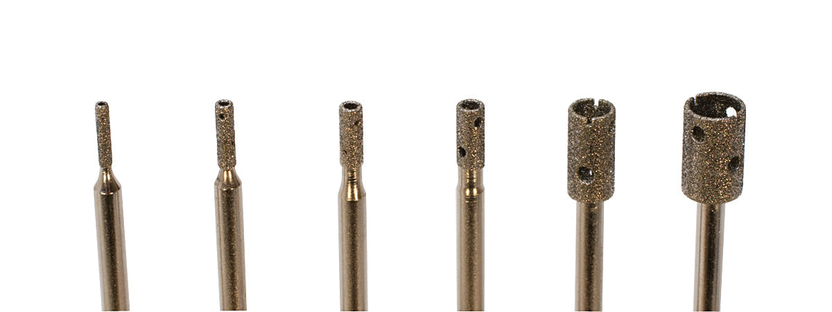 6 piece diamond core drill set with electroplated diamond particles for chip-free drilling in ceramic, tile, and glass.