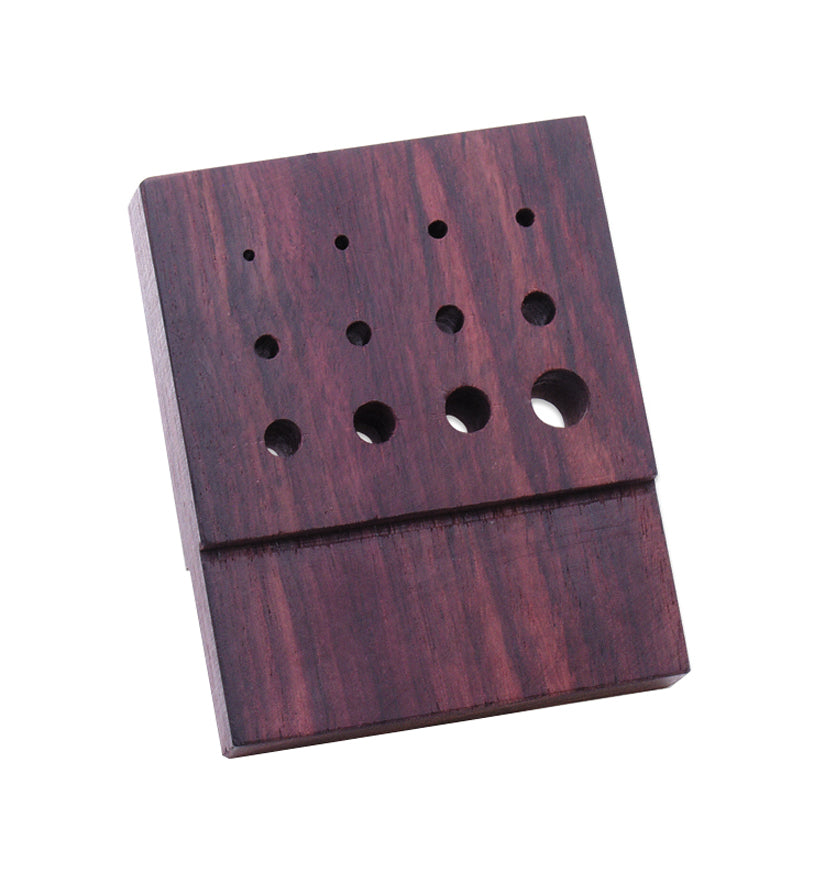 Rosewood block for wire drawing with 12 chamfered holes and tang for vise mounting