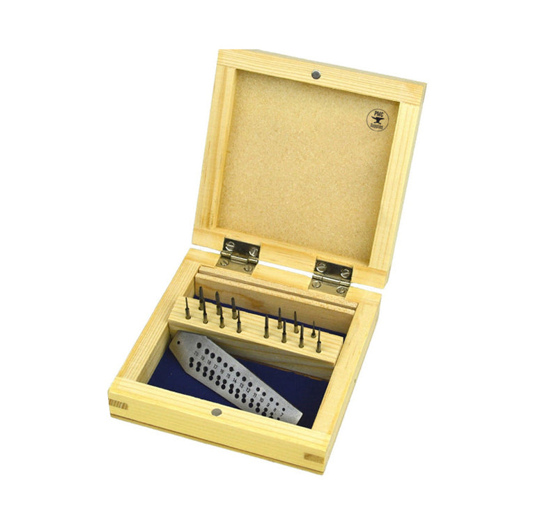 Screw plate with 14 taps holes 0.7-2 mm in wooden storage box for precision threading