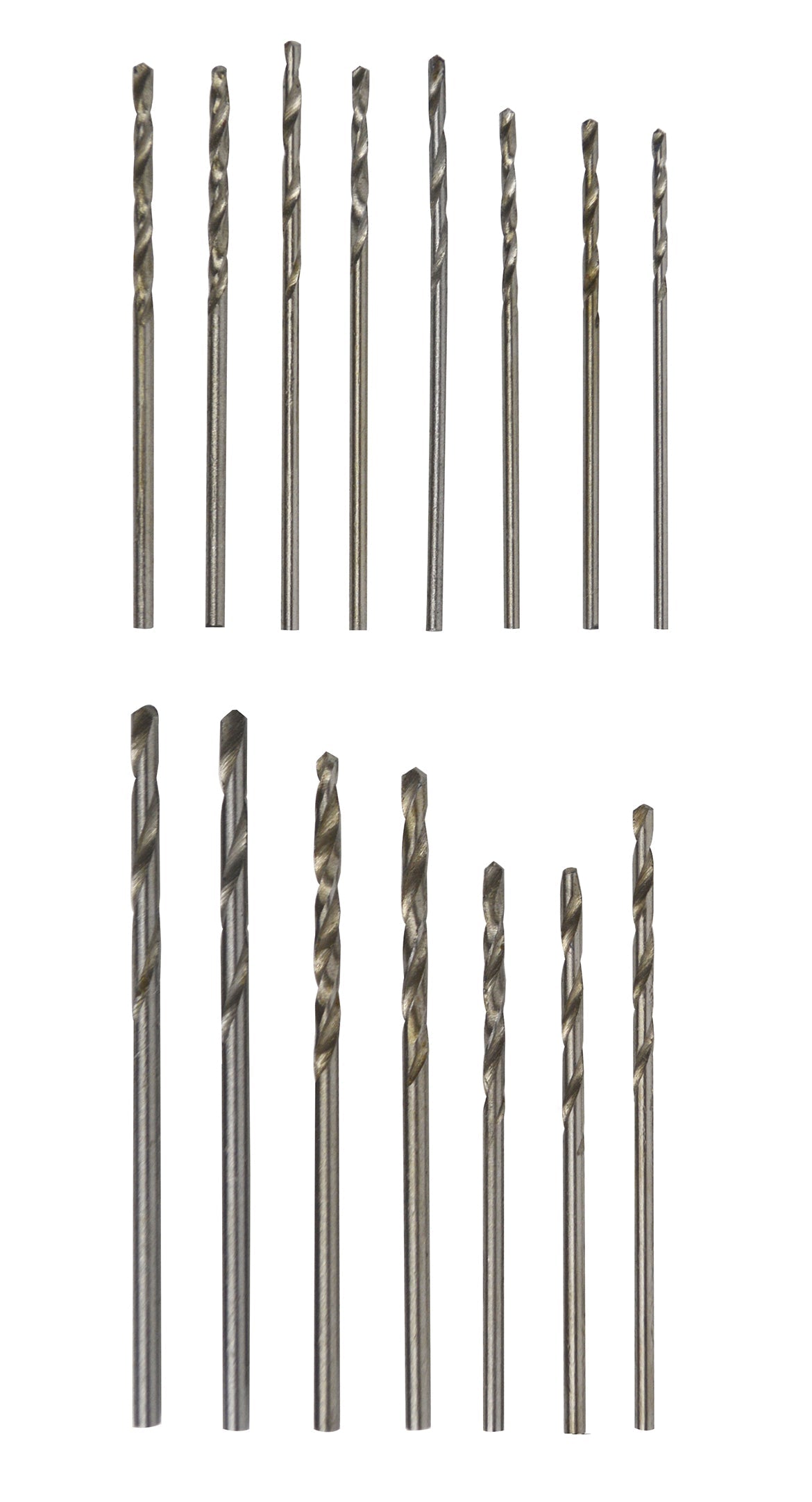 15-piece twisted HSS drill set with sizes 1.05 mm to 2 mm, high-speed steel construction for precision metalworking.