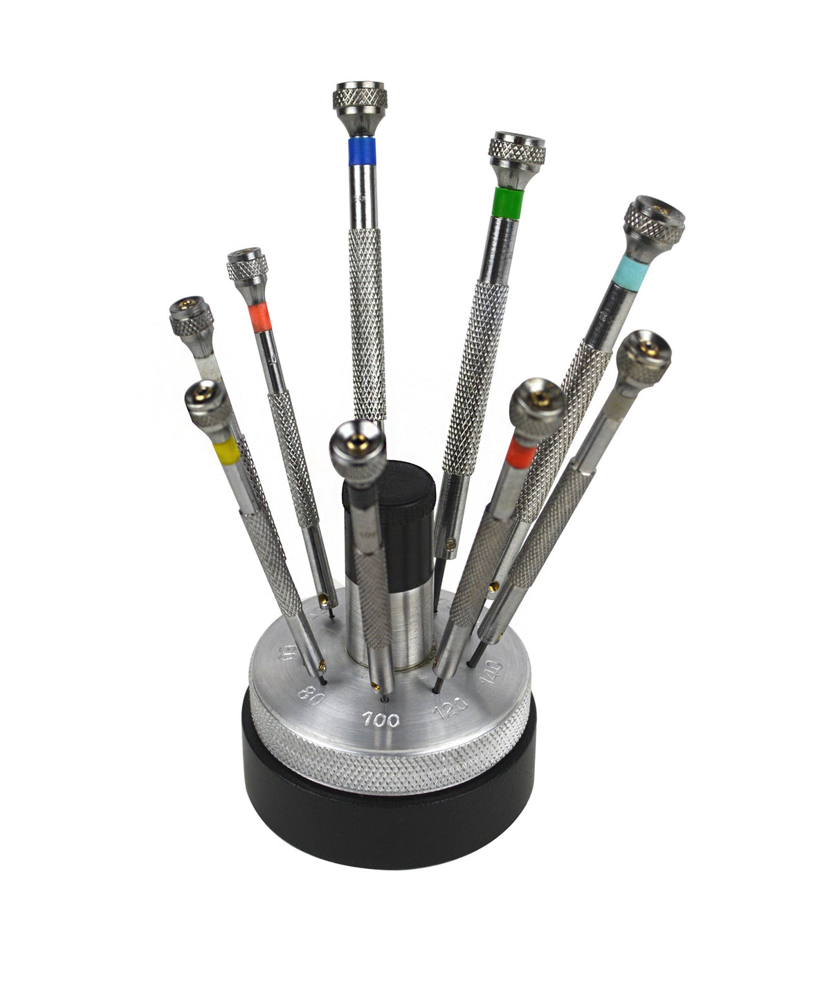 Set of 9 precision watch repair screwdrivers with color-coded hex heads in a revolving stand with engraved sizes and spare blades.