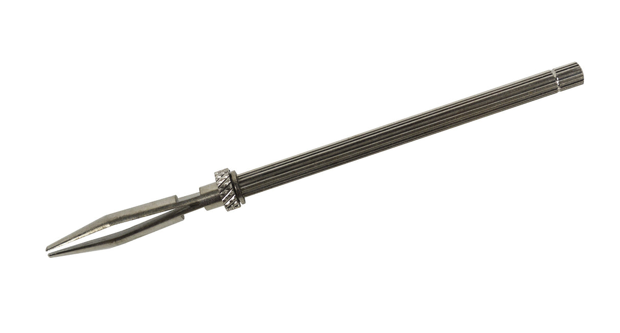 Nickel-plated sliding pin vise with fine tip for precise stud gripping and one-handed operation